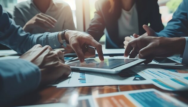 Diverse top managers hold a productive office conference, brainstorming and utilizing digital tools. Business partners strategize on financial reports and investments