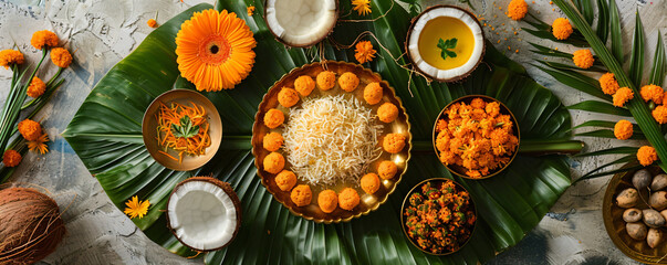 Assorted indian food set on light background with flowers and palm leaves. Bowls and plates with different dishes of indian cuisine. Puja ceremony to worship. Diwali festival. Ugadi or Gudi Padwa - obrazy, fototapety, plakaty