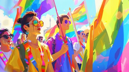 Depict a joyful LGBTQ pride parade. Celebrate love, acceptance, and the vibrant colors of the rainbow. Show people of all genders, orientations, and backgrounds marching together with pride flags. - obrazy, fototapety, plakaty