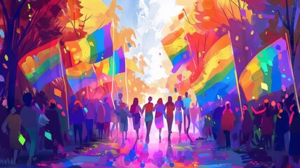 Depict a joyful LGBTQ pride parade. Celebrate love, acceptance, and the vibrant colors of the rainbow. Show people of all genders, orientations, and backgrounds marching together with pride flags.