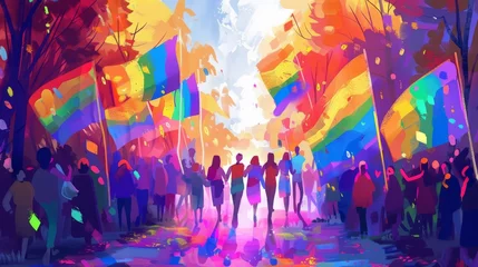 Foto op Plexiglas Depict a joyful LGBTQ pride parade. Celebrate love, acceptance, and the vibrant colors of the rainbow. Show people of all genders, orientations, and backgrounds marching together with pride flags. © Sasint
