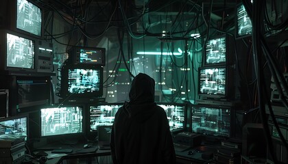 Obraz na płótnie Canvas Hooded Hacker's Backshot Breach of Corporate Data Servers, with Multiple Screens and Tangled Cables