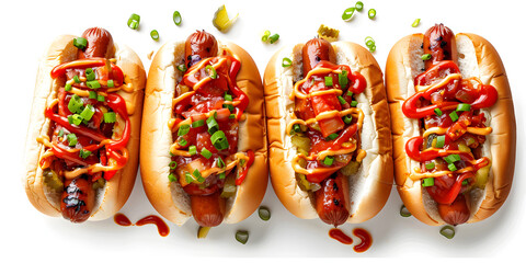 Spread of gourmet hot dogs Delicious grilled hotdog with pickled cucumbers chili peppers caramelized onions ketchup mustard in craft paper.