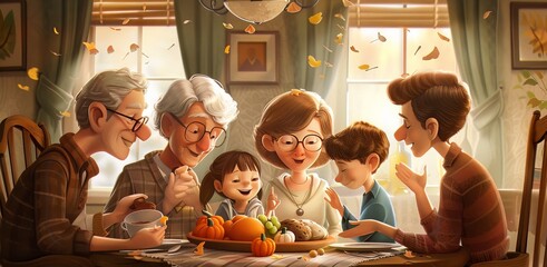 a heartwarming scene where three generations of a family come together. Capture the wisdom of the elderly, the energy of middle-aged parents, and the innocence of young children sharing a meal 