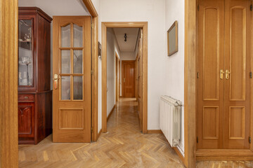 Hallway and living room with oak parquet floors, built-in wardrobes and doors of the same wood to other rooms