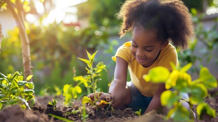 showcasing a child in their garden, engaging in eco-friendly activities like planting trees, recycling, and creating habitats for wildlife, embodying the spirit of environmental stewardship. - obrazy, fototapety, plakaty