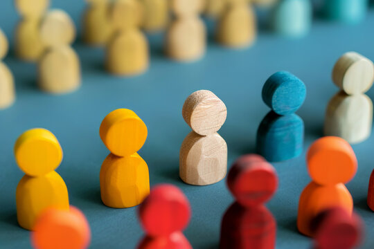 A group of small wooden figures. Corporate business team. Teamwork and community concept