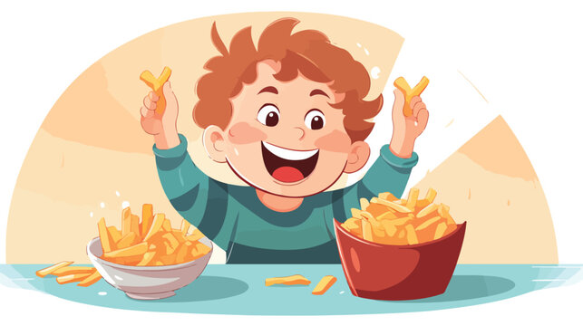 Happy boy eating french fries colorful character ve