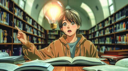 A young man in a library experiences a moment of revelation with a light bulb overhead, suggesting the power of knowledge and the excitement of learning