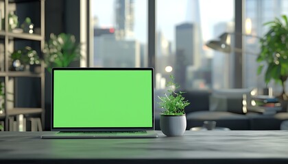 Fototapeta premium Stylish Living Room Setup, Laptop with Green Screen on Table, Modern Bright Home Office Studio Background with Cityscape Window
