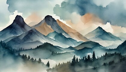 Beautiful layered mountain range watercolor with trees in the foreground - obrazy, fototapety, plakaty