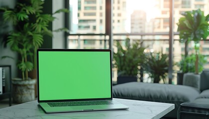 Stylish Living Room Setup, Laptop with Green Screen on Table, Modern Bright Home Office Studio Background with Cityscape Window
