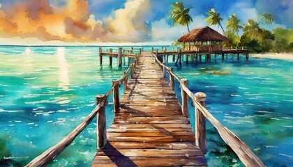 Old wooden pier over blue tropical waters - obrazy, fototapety, plakaty