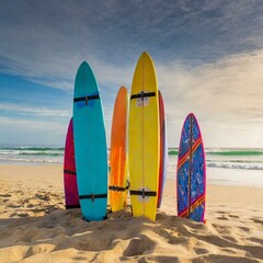 Colorful surfboards stuck in the sand on a beach