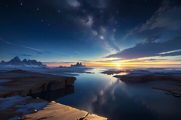 ゲーム背景壁紙風美しい夜空と明け方の雲を反射する水面湖 - obrazy, fototapety, plakaty