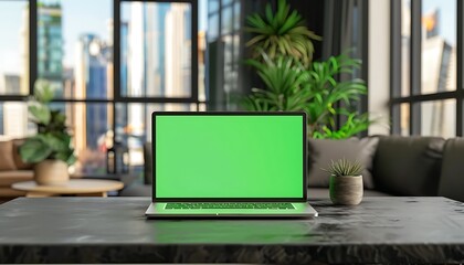 Stylish Living Room Setup, Laptop with Green Screen on Table, Modern Bright Home Office Studio Background with Cityscape Window