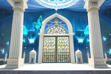 RPGゲーム背景モルフォ蝶をイメージした水晶門のセーブポイント魔法舞台
