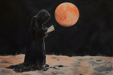 Hooded Figure Dramatically Reciting Hate-Filled Poetry to the Ominous Crescent Moon in the Desolate,Barren Landscape