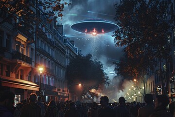 An unsettling vertical composition showcasing a UFO with pulsating lights hovering ominously above the city