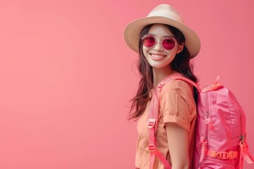 Happy young Asian female tourists wear beach hats, sunglasses and backpacks on holiday trips. - obrazy, fototapety, plakaty