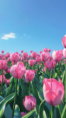 Pink Tulip flowers blossom at sunny day with blue sky in summer