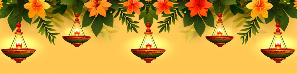 Burning oil lamps or lanterns and orange marigold flowers on yellow background. Diwali festival, Ugadi, Gudi Padwa, Vesak, Onam. Template for greeting card, banner, poster with copy space  - obrazy, fototapety, plakaty