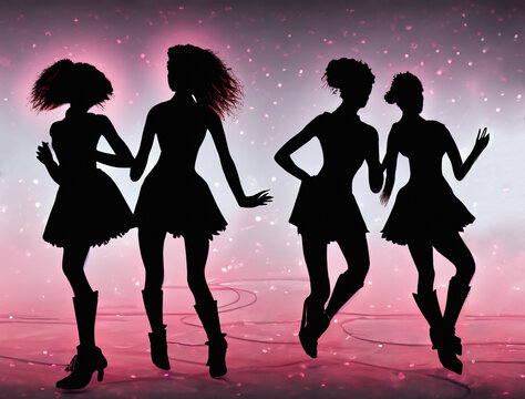 Silhouettes of girls dancing in the night club. Party disco dance of young girls on a pink background.