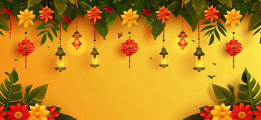 Burning oil lamps or lanterns and orange marigold flowers on yellow background. Diwali festival, Ugadi, Gudi Padwa, Vesak, Onam. Template for greeting card, banner, poster with copy space 