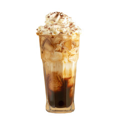 Refreshing iced coffee topped with fluffy whipped cream on a transparent background