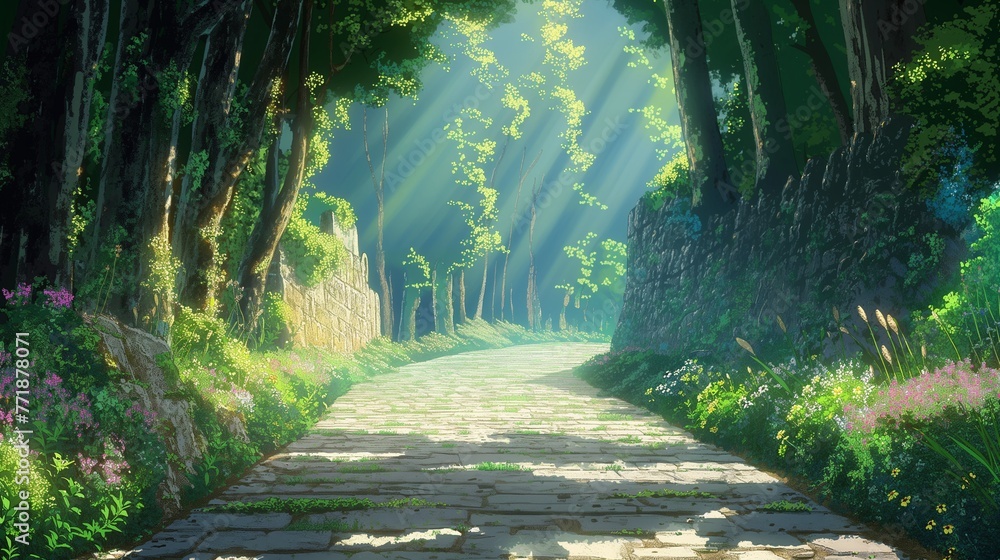 Wall mural park and forest pathways winding through lush greenery, with trees and foliage in summer and autumn.