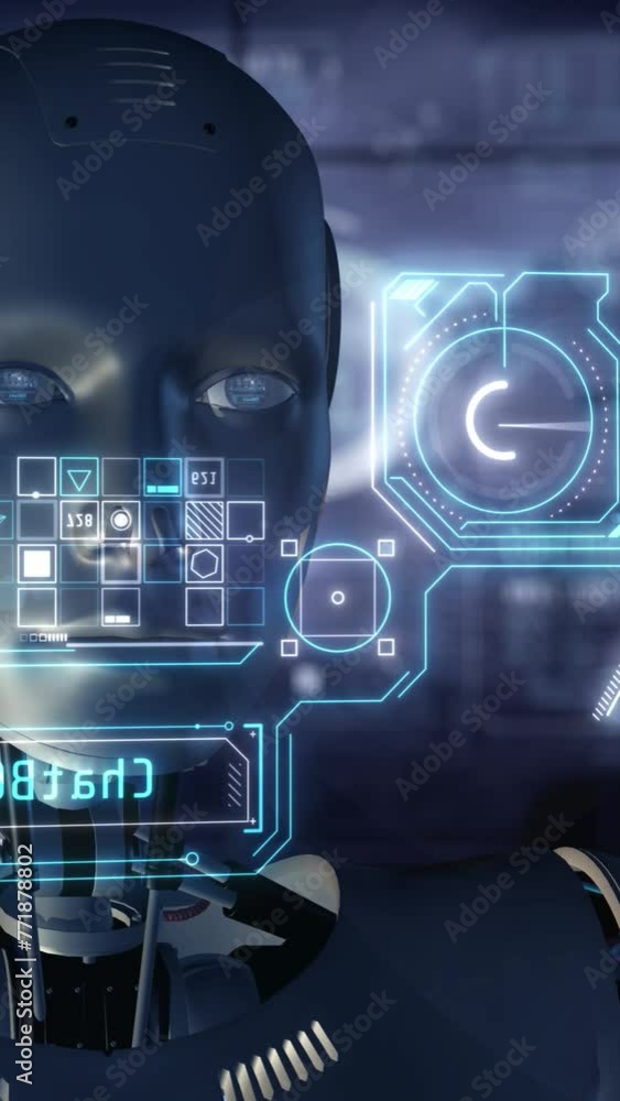 Poster android look at the virtual holographic panel. 3d render