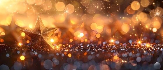 A glittering golden star stands out against a soft bokeh background, capturing the festive essence and the bright spirit of the holiday season. - obrazy, fototapety, plakaty
