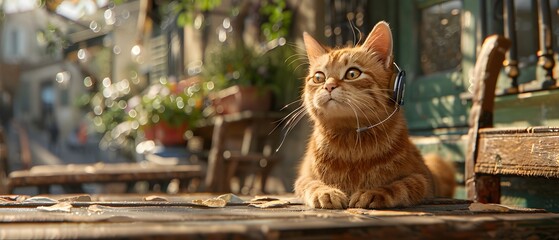 Outdoors on a rustic wooden table, a serene ginger cat lounges, entranced by music through its chic headphones, embracing the vibrant cafe ambiance