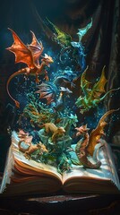 Vibrant dragons seem to come to life, soaring out of an open storybook, symbolizing the magic and wonder of storytelling and fantasy literature.