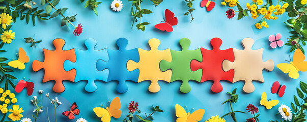 Colorful puzzle pieces on pastel blue background with butterflies and flowers. World Autism Awareness Day. Autism spectrum disorder concept