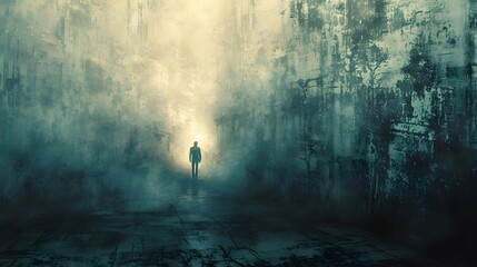 A lone figure walks towards a beckoning light at the end of a mist-shrouded corridor, creating a mysterious and cinematic scene. - obrazy, fototapety, plakaty