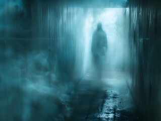 Amidst the swirling mists of a fog-filled hallway, a shadowy figure emerges, shrouded in mystery and suspense - obrazy, fototapety, plakaty