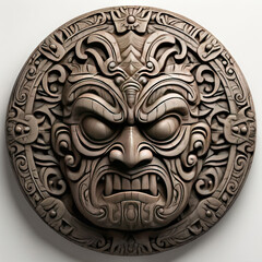 3d illustration of a wooden mask with an evil face on a white background