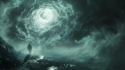 Obraz premium A lone figure approaches an enigmatic light vortex amidst swirling clouds and a dark, foreboding landscape.