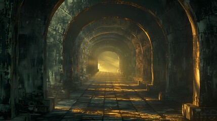 The warm glow of sunlight filters through an ancient, arched corridor, casting a golden hue over its weathered stones and mysterious air. - obrazy, fototapety, plakaty