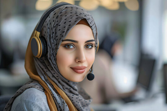 Arab woman in hijab working in call center. Muslim business woman with headset working in office. Happy arab woman working in company service center wearing headphone helping solving client problem