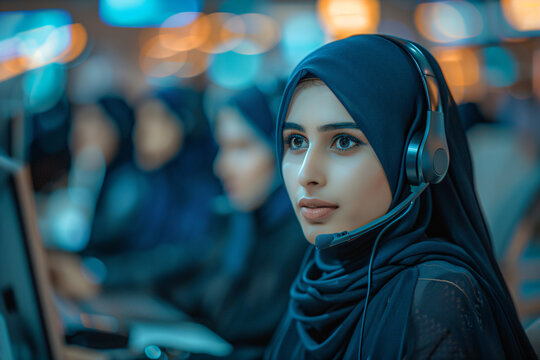 Arab woman in hijab working in call center. Muslim business woman with headset working in office. Happy arab woman working in company service center wearing headphone helping solving client problem