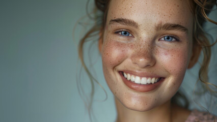A beautiful fresh-faced model in her teens with loose brown hair. Clean cut. She is smiling broadly and her blue eyes sparkle. Closeup. Copy space. Dental hygiene. - obrazy, fototapety, plakaty