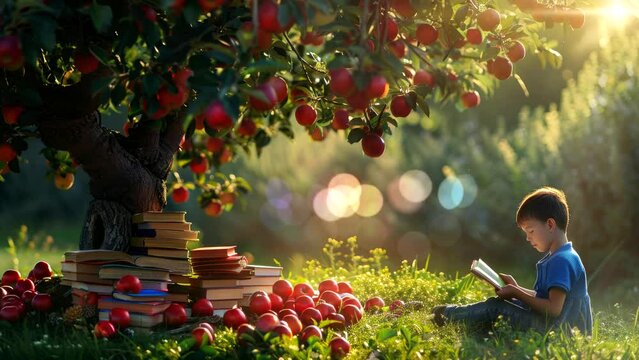 Bookworm under Apple Tree: A young boy engrossed in a book beneath a bountiful apple tree, where knowledge and nature intertwine in a serene and educational setting.