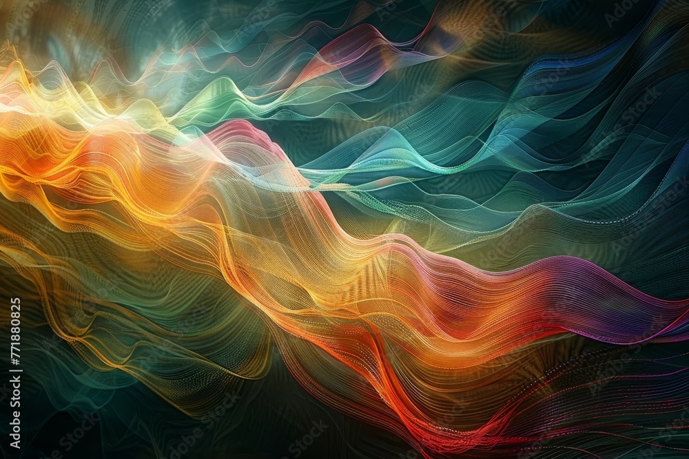 Poster a computergenerated image of a vibrant orange glowing wave resembling water in the sky on a black ba