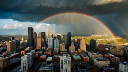 A city skyline viewed from above, with a vivid rainbow framing the buildings under a stormy sky Generative AI