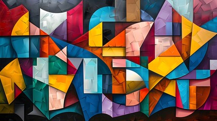 Geometrically stylized facial elements come alive in this vibrant cubism artwork, where bold shapes and vivid colors merge to create a visually arresting composition. - obrazy, fototapety, plakaty
