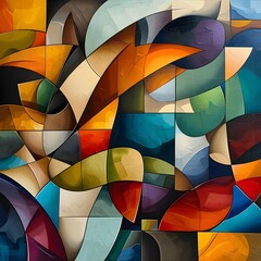 A wide-angle view of cubism an abstract expressionist piece, with a wave of colorful, interconnected geometric patterns spanning the canvas.