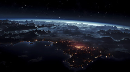 Earth at night, city lights glow in the dark