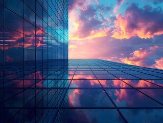 The sleek surface of a skyscraper perfectly mirrors the fiery colors of sunset clouds, blending architecture with the drama of the evening sky. - obrazy, fototapety, plakaty
